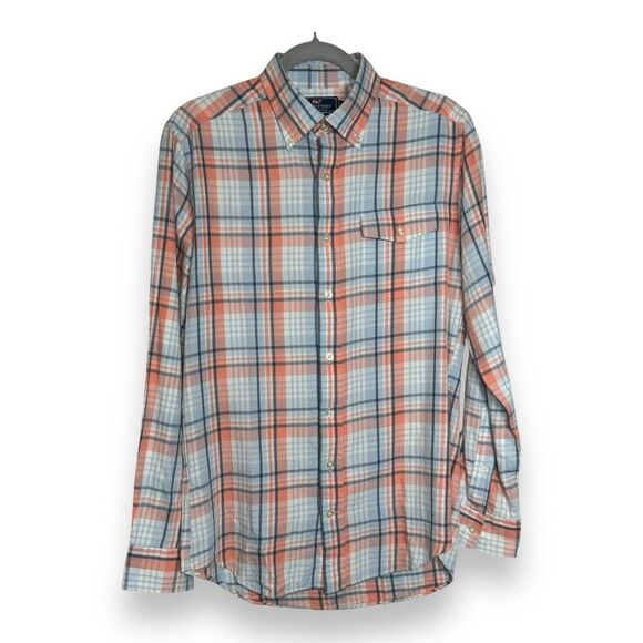 Vineyard Vines Slim Crosby Shirt S Men Orange Gray Plaid Cotton - Picture 2 of 8